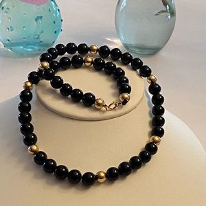 Vintage 14K Yellow Gold Beading Onyx Strand Necklace
